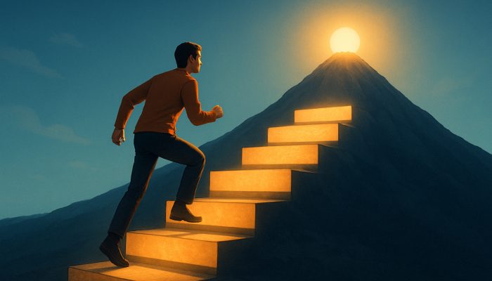 Person ascending stepping stones labelled emergency fund and holiday savings toward the summit of financial independence.