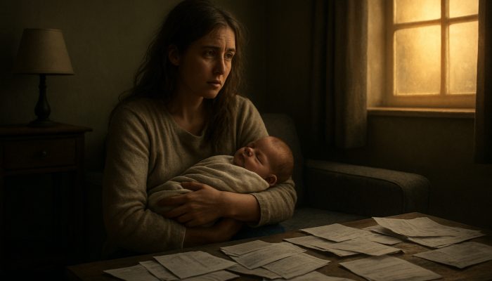 Weary mother cradles newborn amid unpaid bills, gazing at glowing window symbolising financial fresh start.