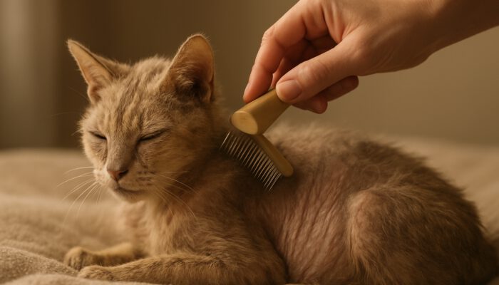 Groomer carefully brushing the thinning fur of a frail elderly cat on a soft blanket in warm light