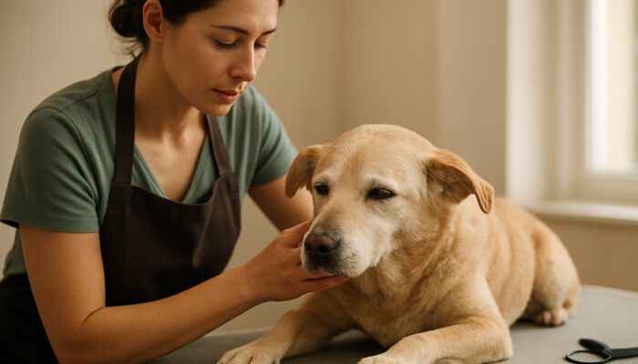 Groomer observing the breathing and posture of an elderly dog during a calm, peaceful grooming session.