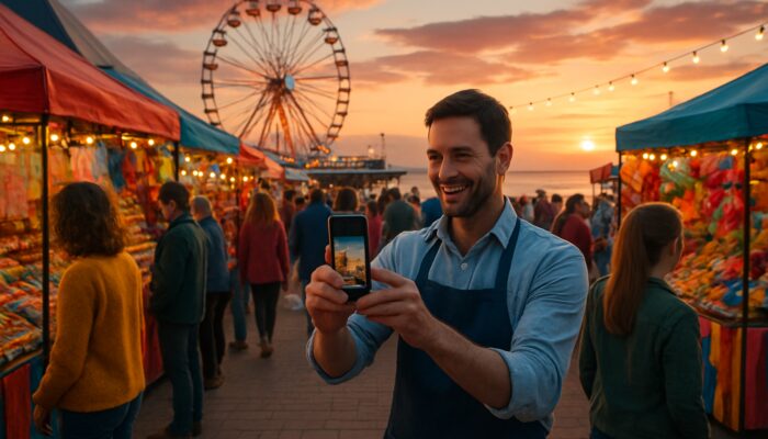 Vibrant scene of the Weston-super-Mare Carnival at sunset with locals enjoying market stalls and a café owner on Instagram
