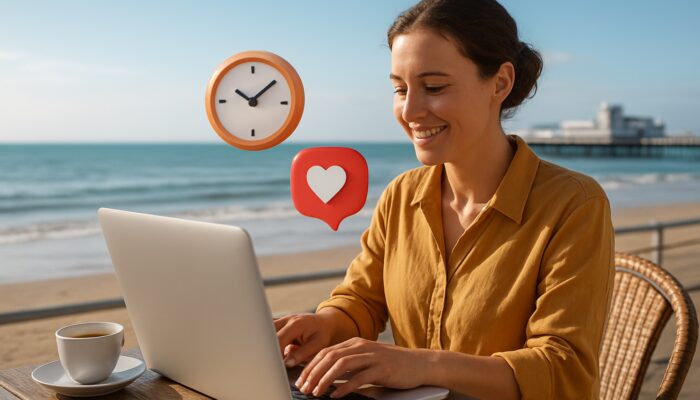 Small business owner managing social media posts on a laptop at a seaside café in Weston-super-Mare