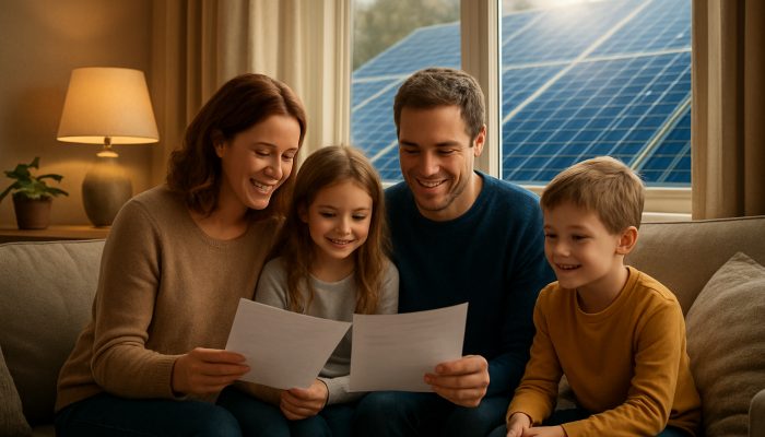 Aligning Money Choices With Your Key Values: Practical Advice | DCL A British family reviews renewable energy fund documents in a cosy living room with glowing solar panels outside.