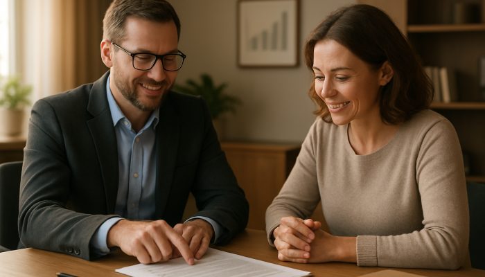 UK debt advisor assisting borrower with consolidation documents in a calm office environment