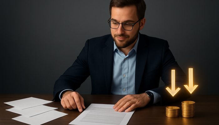 Borrower comparing high-interest loans to low-APR consolidation with savings coins and arrows on desk