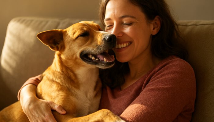 Rescue dog nuzzling a smiling owner on a sunlit couch, sharing love and the healing bond of adoption