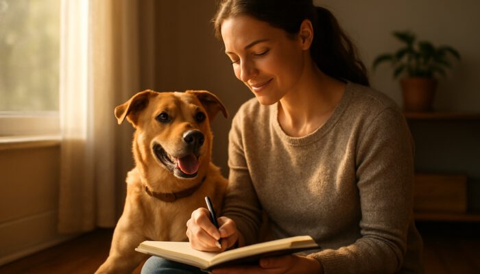Individual journaling beside an affectionate rescue dog in a sunlit home, radiating joy and calm.