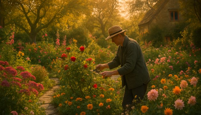 Gardener pruning roses in a vibrant Martock cottage garden at golden hour, amidst stone paths.
