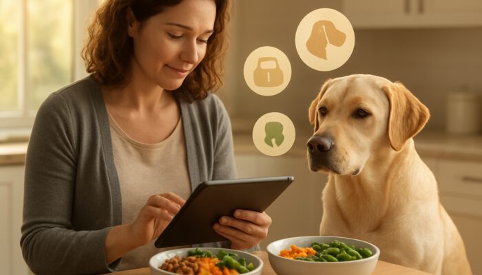 Owner reviews health data of a Labrador on a tablet beside custom nutrition bowls in a kitchen