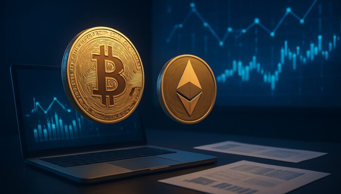 Digital workspace showcasing floating Bitcoin and Ethereum coins, tax forms, and glowing blockchain charts for crypto tax reporting.