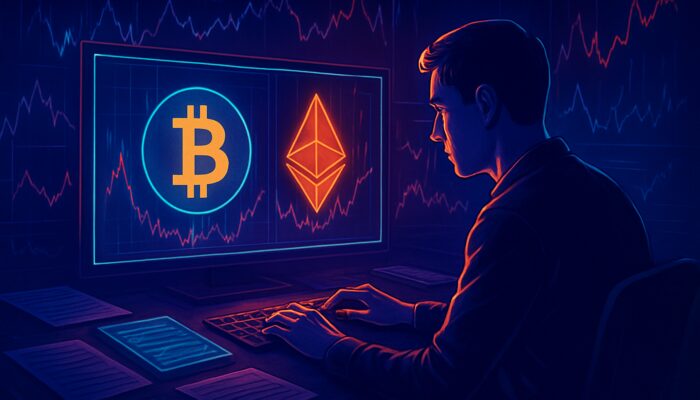 Cryptocurrency trader reconciling Bitcoin-Ethereum trades amidst volatile charts, tax forms, and neon-lit ledgers.