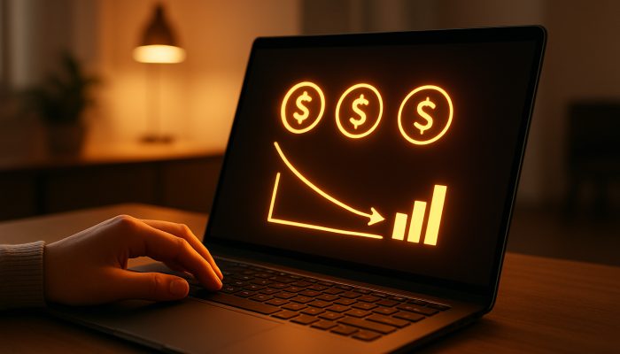 Setting up Automatic Extra Payments: Your Complete Guide | DCL Hands adjusting automatic extra payments on a laptop, with a diminishing debt graph in a contemporary office