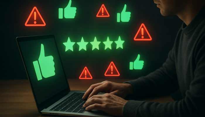 Individual at laptop reviewing positive Trustpilot feedback with green thumbs-up and red warning icons for banking reliability.