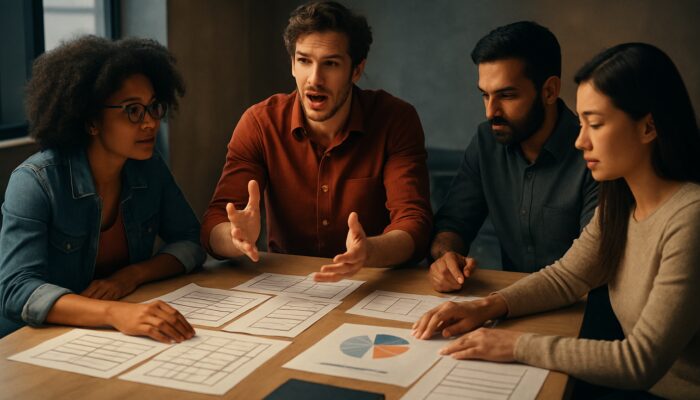 Diverse creative team planning brand video using storyboards and budget charts under cinematic lighting