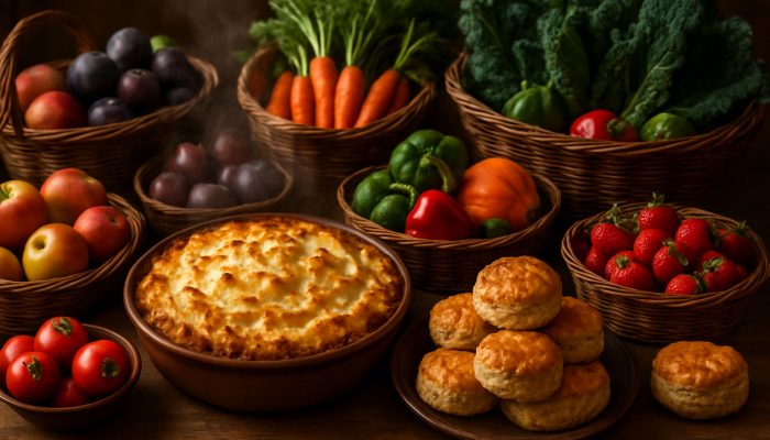 Celebrating Milestones Safely and Economically: UK Tips | DCL Rustic table displaying shepherd’s pie, golden scones, and baskets of seasonal British fruits and vegetables.