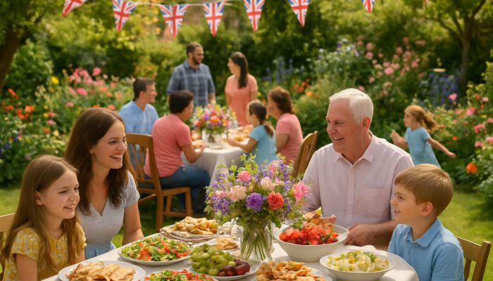 Celebrating Milestones Safely and Economically: UK Tips | DCL Families enjoying a lively British garden party with floral centrepieces and catering platters for milestone celebrations.