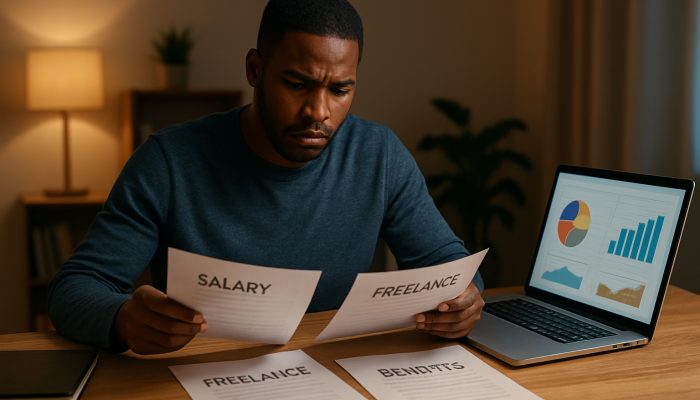 Diligent individual reviewing salary, freelance payslips, and budget charts on laptop in home office
