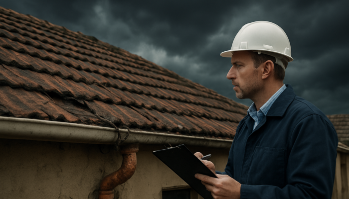 Professional inspector evaluating a cracked roof and exposed wiring on an older home in Springs under cloudy skies.