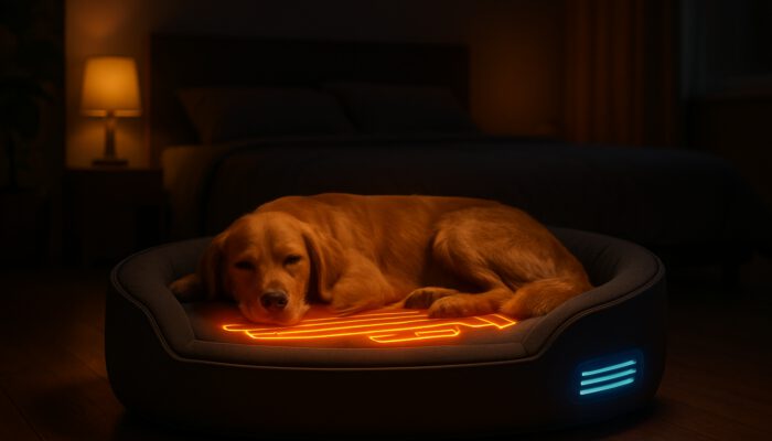 Dog relaxing on sleek temperature-controlled pet bed with glowing heating coils and sensors