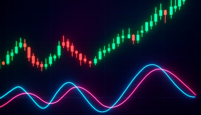 Active trading dashboard showcasing Trix indicator crossovers, divergences, and rising price candles in a neon interface.