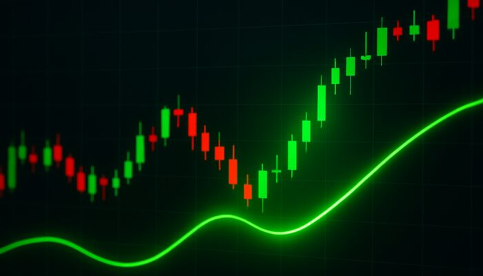 Trading chart featuring the green Trix line crossing above zero amidst candlesticks for a bullish buy signal