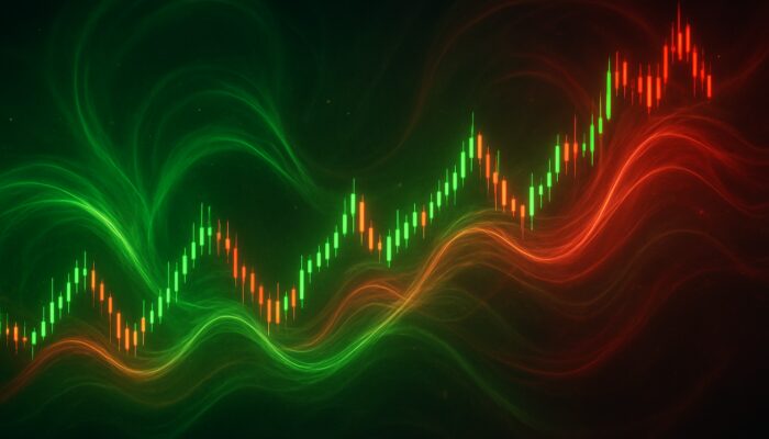 Abstract glowing stock charts with swirling green and red streams illustrating Twiggs Money Flow oscillator.