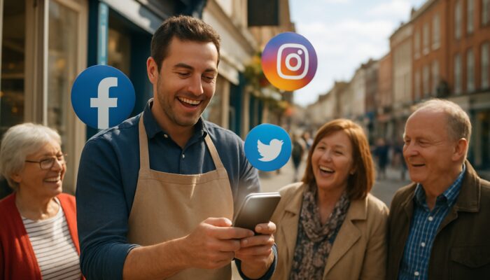 Taunton shop owner using a smartphone displaying Facebook, Instagram, and Twitter icons, engaging local customers.