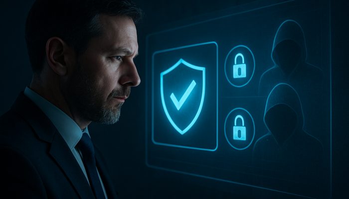 UK borrower verifying lender on glowing FCA register, shielded from fraudulent clones in digital interface